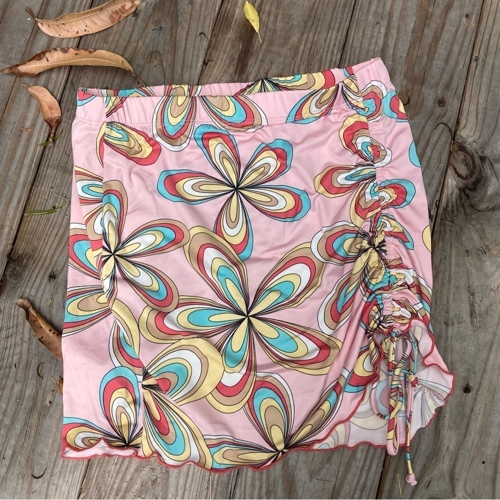Poof Pink Hippie Daisy Floral Rouched Skirt Pink Barbie Mini Large